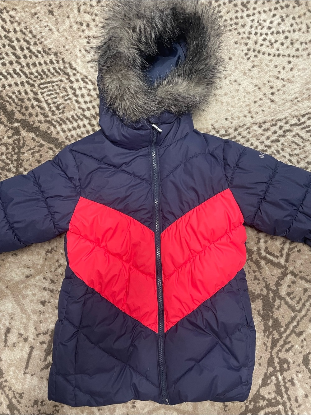 Columbia Navy and Red Girls' Hooded Puffer Coat with Faux Fur Trim